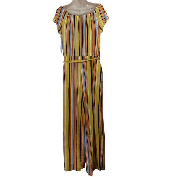 Eye Candy Multicolor Striped Off-Shoulder Jumpsuit Belted Size 1X Split Wide Leg - Picture 4 of 13